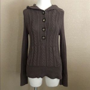 Brown Cable Knit Hooded Sweater with Pocket